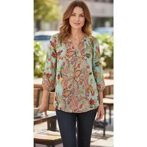 Fig And Flower Boho Floral Paisley Chiffon Blouse 3/4 Sleeves Womens Size PL